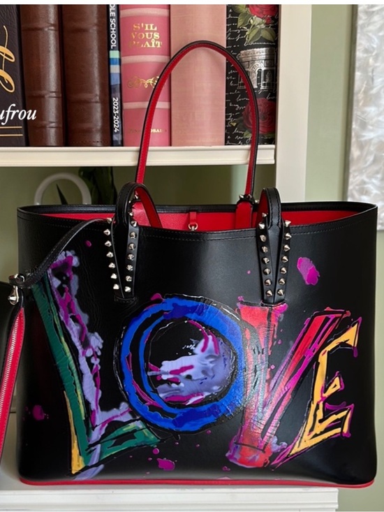 Christian Louboutin Handbags - Black Painted 'LOVE' Tote Bag with Pink Trim